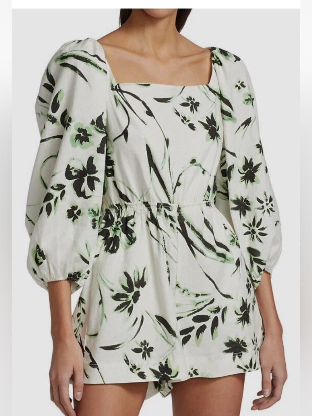 Tanya Taylor White Mini romper  with Black and Light Green Floral Print